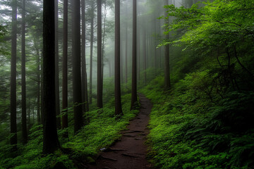 Fototapeta premium Misty forest trail winding through lush greenery under soft light