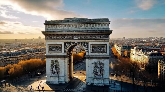 Stunning drone view of Arc de Triomphe in Paris during a clear day with vibrant skies, Arc de Triomphe Paris by drone in