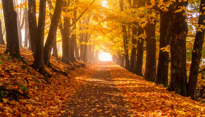 Golden Autumn Path Sunlit Pathway Through Vibrant Fall Foliage