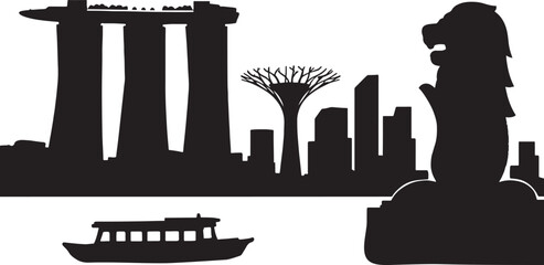 Singapore Skyline Silhouette with Marina Bay Sands, Supertrees, Merlion Statue on Dark Background