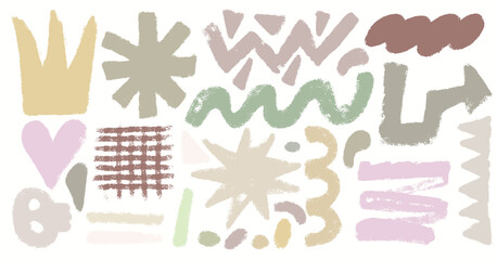 Collection of pastel hand drawn crayon shapes and forms. Childish colored crayon elements. Abstract doodle geometric crayon shapes in retro style. Vector doodle marker drawing.