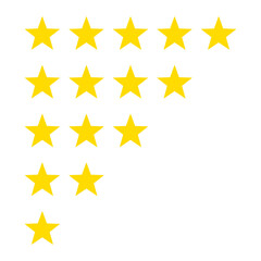 5 star rating icon vector illustration. Isolated badge for website or app infographics.
5 star review. Five gold stars icon,service rate or quality feedback sign. Yellow stars customer product rating.