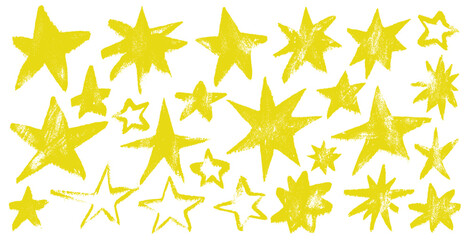 Set of chalk stars with ragged jagged edges. Kids grunge yellow stars with crayon texture. Template hand drawing shape in kid sketch style on white background. Vector stars in a childish style.