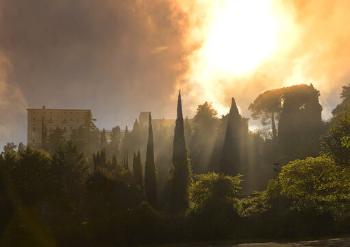 Monte Cassino monastery in the morning mist. Monte Cassino Abbey, the first monastery of the Benedictine order, located to the south of Rome, at the top of Mount Cassino
