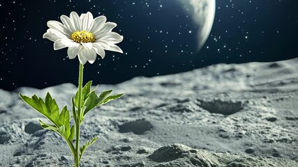 Flower grows on lunar surface with earth in the background under a starry sky at night, Flower on moon with space vista, clear background - Powered by Adobe