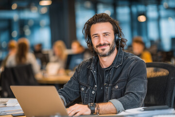 Obraz premium international freelancer video-calling from co working hub in Abu Dhabi, laptop and headphones on 