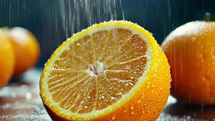 Fresh orange fruit with raindrops in a seamless setting capturing the essence of nature's bounty, fresh orange fruit and raindrops seamless ing time lapse virtual video Background