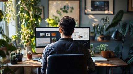 Home office interior with person working at computer.