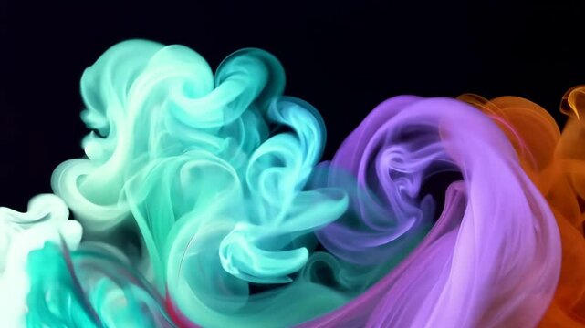 Vivid multicolored smoke swirling, twisting dynamically against dark backdrop, blending into fluid abstract patterns