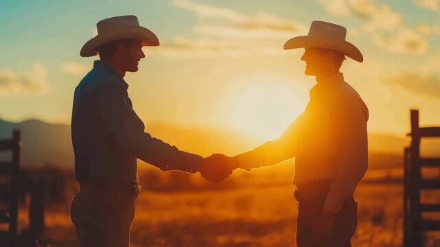 Two cowboys greet each other with a handshake as the sun sets over an open field, capturing a moment of cooperation against a picturesque backdrop