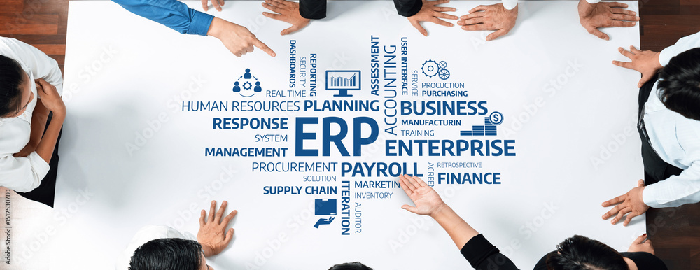 Aufkleber Aerial view of a business meeting showcasing professionals discussing ERP concepts. Elements like finance, management, and strategy are highlighted for organizational growth. Amity