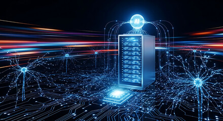 Artificial intelligence server surrounded by glowing circuits and data streams