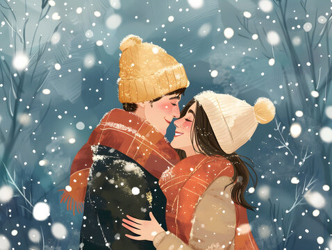 An illustrated couple hugging in a snowy setting, surrounded by falling snowflakes and warm clothing.