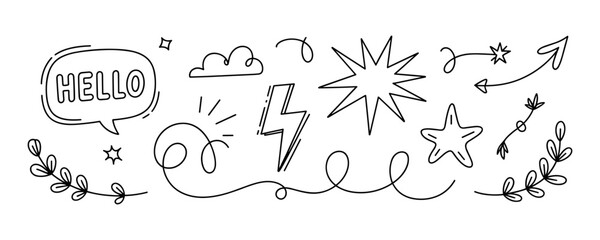 Playful Hand Drawn Doodle Vector with Speech Bubble Lightning Stars and Arrows © nurdesignart