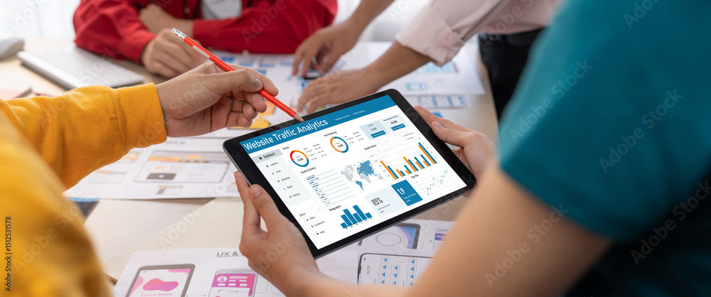 Poster computer software for website traffic analytics data on computer screen. concept of seo search engin