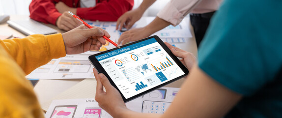 Computer software for website traffic analytics data on computer screen. Concept of SEO search engine optimization and customer targeting for online business brisk