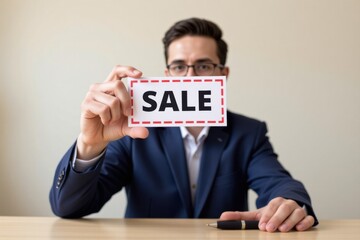 Man holding sale sign while sitting at desk in office setting  