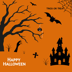 Big set of halloween silhouettes black icon and character. Design of witch, creepy and spooky elements for halloween decorations, sketch, icon, sticker. Hand drawn vector solated background