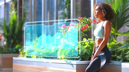 Female athlete relaxing amid high tech greenery, engaging with holographic data visualization in sleek, futuristic environment - Powered by Adobe