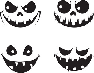 Set of Spooky Halloween Faces Silhouettes Featuring Various Creepy Styles

