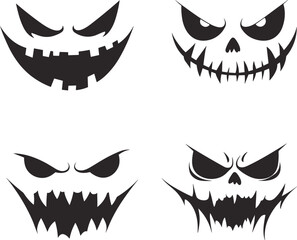 Set of Spooky Halloween Faces Silhouettes Featuring Various Creepy Styles

