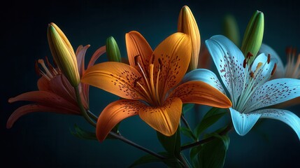 Vibrant colorful lilies in bloom against dark background, featuring orange tiger lily and blue lily with spotted petals, dramatic floral photography for nature magazine