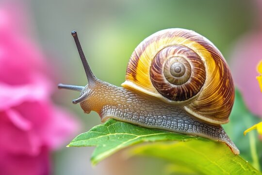 Macro closeup of a garden snail on a leaf in a vibrant garden setting showcasing detailed shell patterns and textures