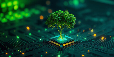 Green tree grows on circuit board. Eco-friendly tech concept. Green, sustainable tech. Image shows environmental responsibility in computer systems. Innovative eco computing concept