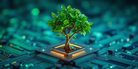 Green tree grows on circuit board. Eco-friendly tech concept. Green, sustainable tech. Image shows environmental responsibility in computer systems. Innovative eco computing concept