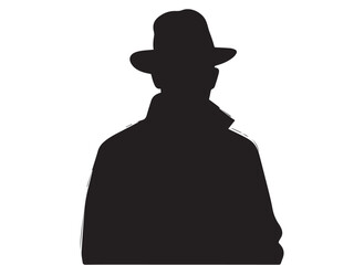 Detective silhouette. Old fashioned detective in hat on white background. Vector style silhouette.	
