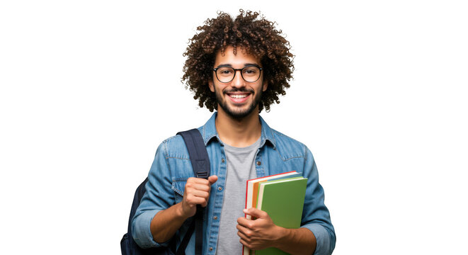 Smiling student with books isolated on transparent background for educational, advertising, and creative projects use cases.