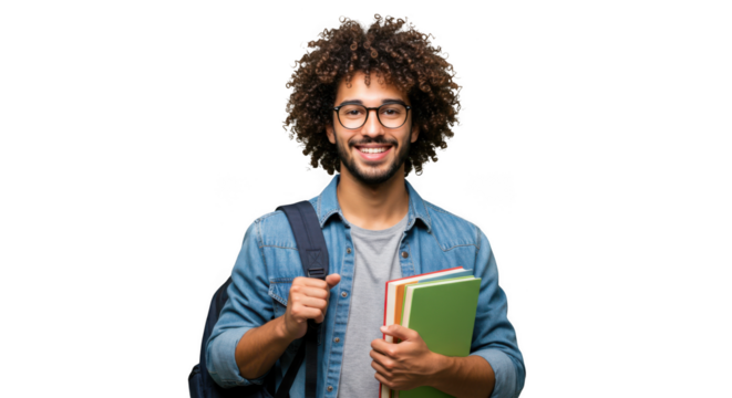 Smiling student with books isolated on transparent background for educational, advertising, and creative projects use cases.