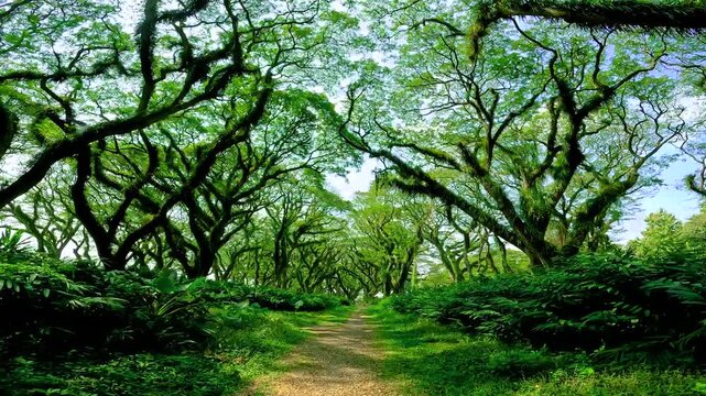 Path leading through a dense forest with gnarled, moss-covered trees and lush green foliage in East Java, Indonesia.