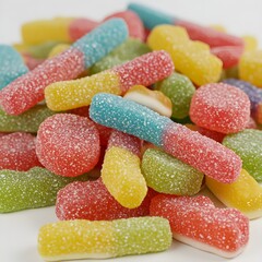 A close up shot of a pile of colorful sour gummy candies with a sugary coating on a white surface