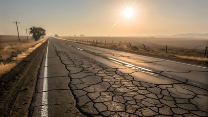 Cracked Road Under Morning Sun: An old cracked road stretches into the distance, bathed in the warm glow of the morning sun, a lone tree silhouetted against the horizon.