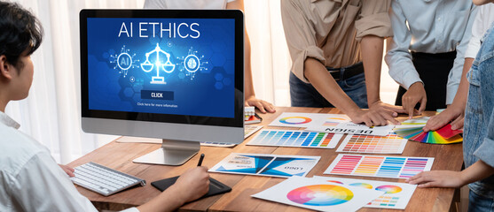 AI ethics responsibility standard law and rules on computer screen provide report of AI ethic...