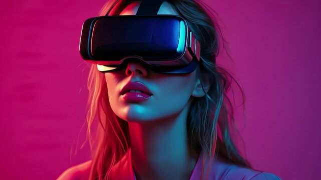 Immersive virtual reality experience with futuristic vr headset in vibrant neon lighting
