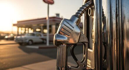 Vintage gas pump at a classic diner during sunset in a small town