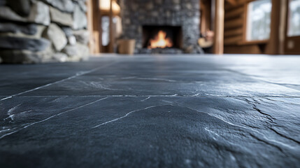 Sophisticated interior flooring and fireplace design. The dark stone floor complements the warm hearth, enhancing a cozy and inviting atmosphere.