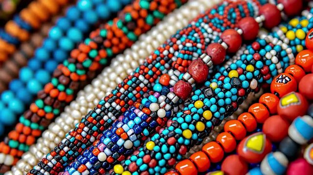 Colorful close up of intricate beaded jewelry showcasing vibrant patterns and designs, Closeup of colorful beaded jewelry with intricate design