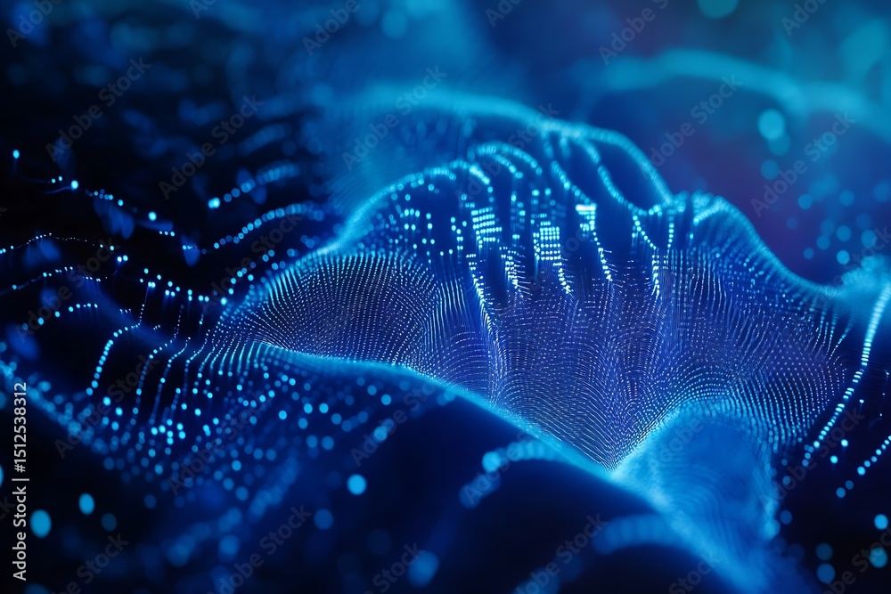 Poster hyper-detailed neural web composed of translucent glowing threads and microchips, deep blue backgrou