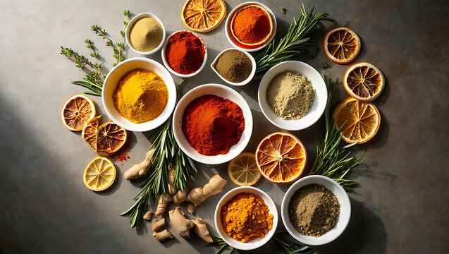 Overhead view of fresh herbs spices and dried citrus fruit on a dark surface