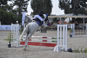 Equestrian Rider and Horse Clearing a Jump in a Showjumping Competition