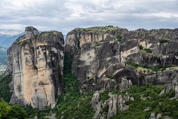 ancient churches in the remote mountains of the Meteora Valley in Greece on a May day