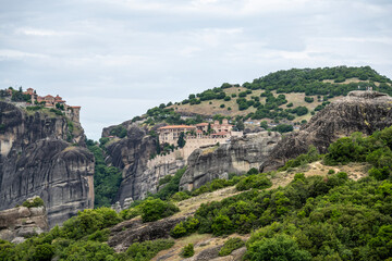 ancient churches in the remote mountains of the Meteora Valley in Greece on a May day