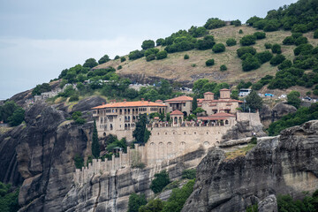 ancient churches in the remote mountains of the Meteora Valley in Greece on a May day