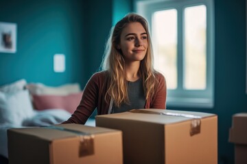 Young woman moving boxes into a college dorm room during daylight hours while preparing for a new academic year and adjusting to college life