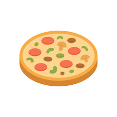 Whole pizza with toppings including pepperoni slices, mushrooms, green bell peppers, and olives. Perfect for menu designs, food delivery apps, or culinary illustrations. Vector isolated on white.