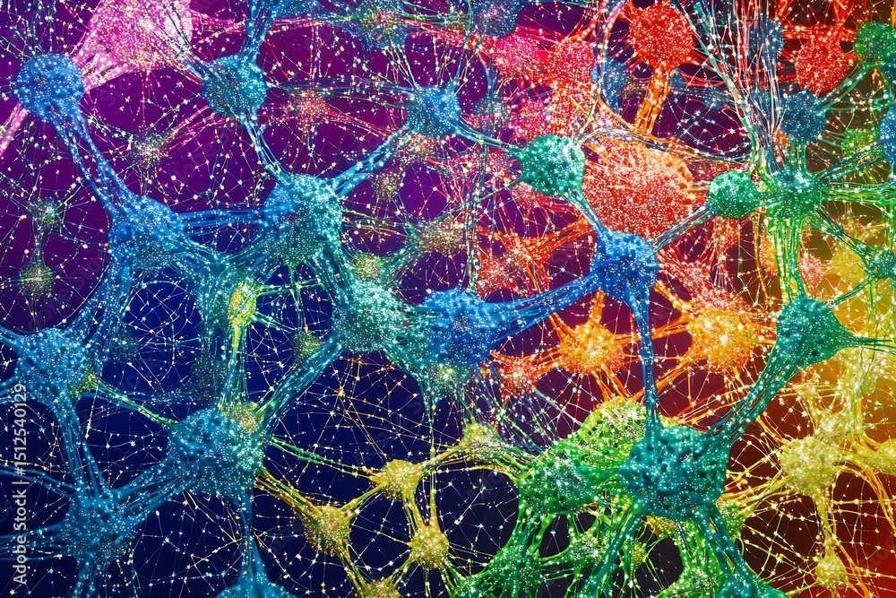 Poster kaleidoscopic neural network with colorful interwoven pathways and shimmering dots forming an ai bra