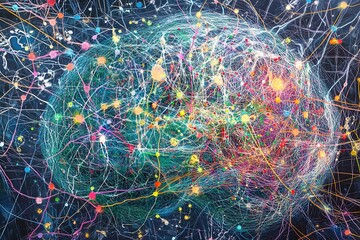 Kaleidoscopic neural network with colorful interwoven pathways and shimmering dots forming an AI brain 